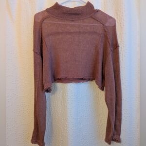 Urban Outfitters Mauve Pink Sheer Mock‎ Neck Cropped Knit Top Women's XS Raw Hem